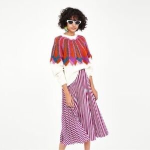 Zara TRF Collection Womens Skirt Size S Striped Pleated Satin Mid Rise Elastic